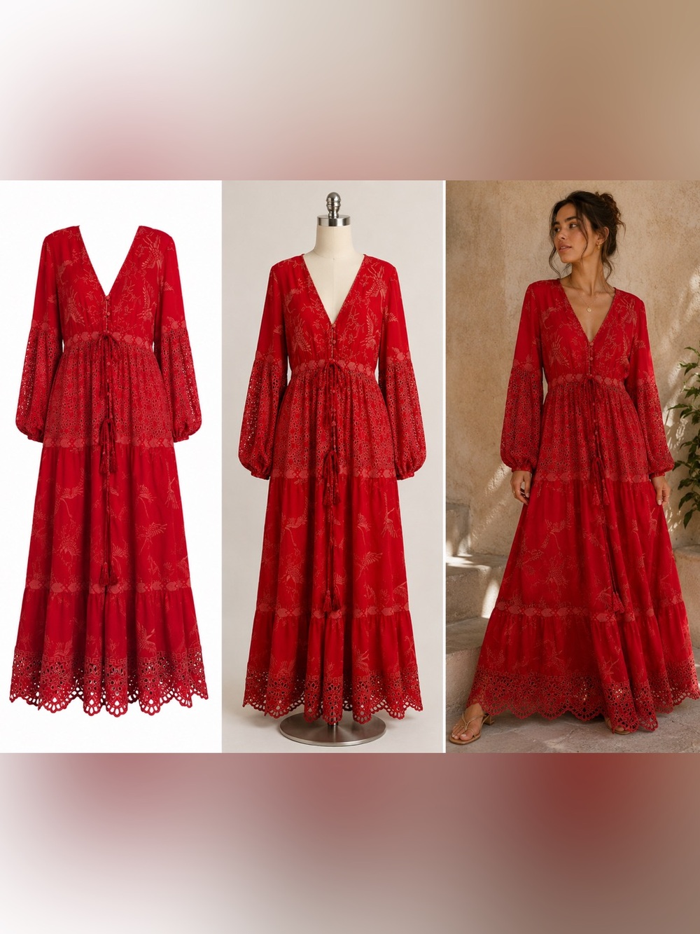 Johnny Was Haute Red Embroidered Mosaic Crane Dress V-Neck Long Sleeve Button Do